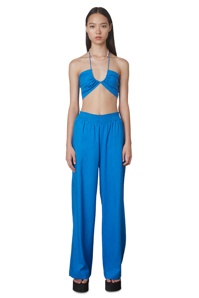 Mallorca set in cobalt blue: Two-piece linen set includes multi-wear crop top and wide legged pull-on linen pant front view