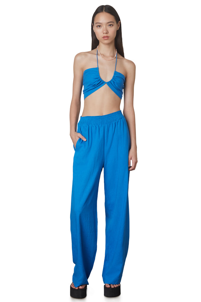 Mallorca set in cobalt blue: Two-piece linen set includes multi-wear crop top and wide legged pull-on linen pant front view 2