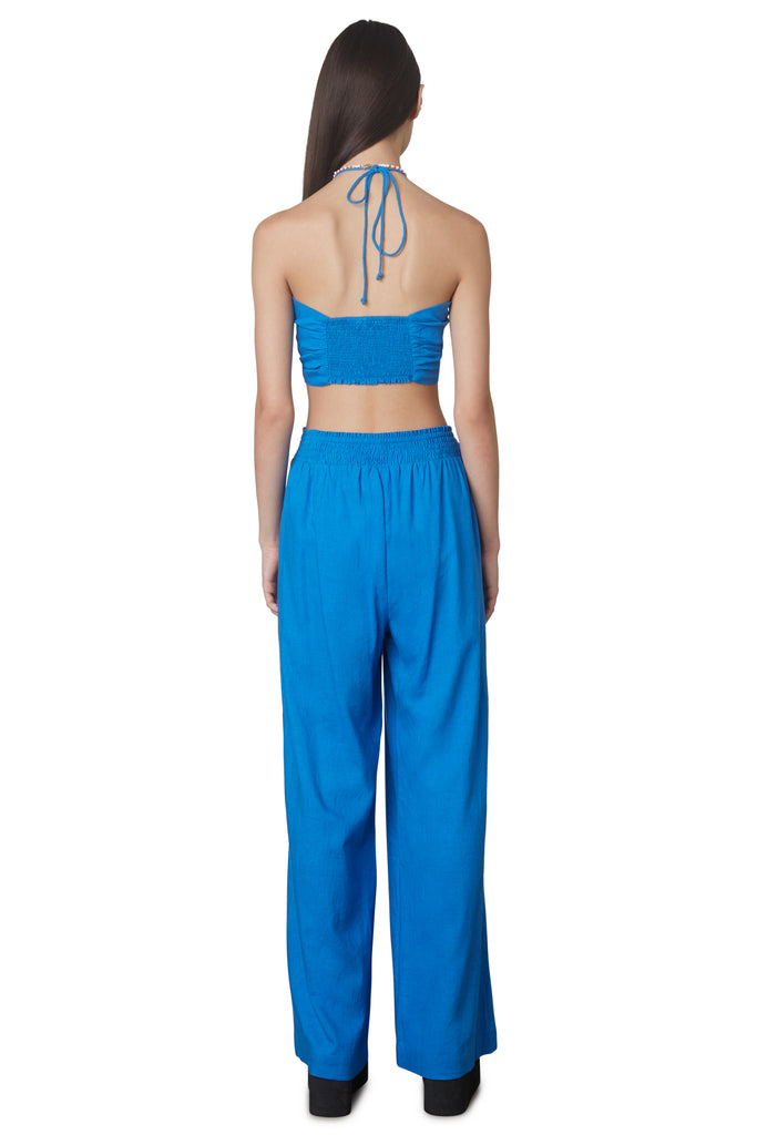 Mallorca set in cobalt blue: Two-piece linen set includes multi-wear crop top and wide legged pull-on linen pant bacl view